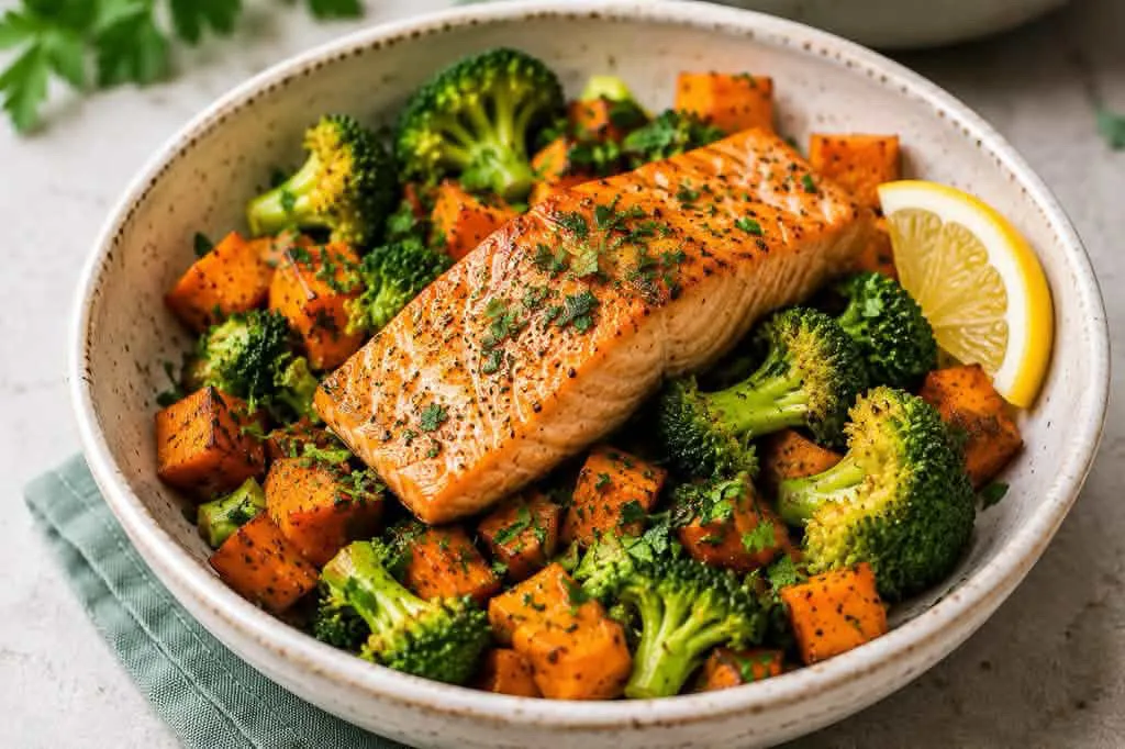 Bowl mit gebratenem Lachs, Brokkoli und Süßkartoffelwürfeln