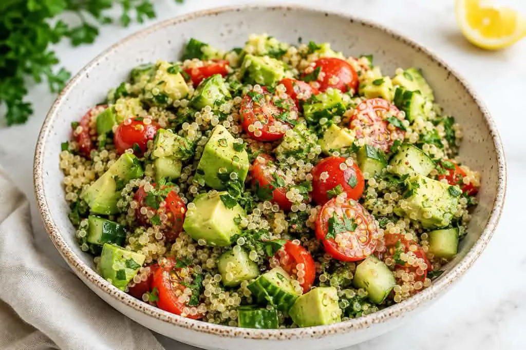 Quinoa-Salat mit Avocado, Gurke und Cocktailtomaten